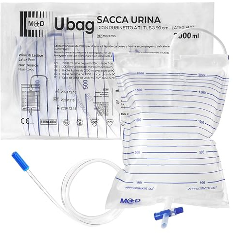 Sacche per urina da letto 2 litri tubo 130 cm con rubinetto di scarico a croce (T) e valvola antireflusso (25 pz)
