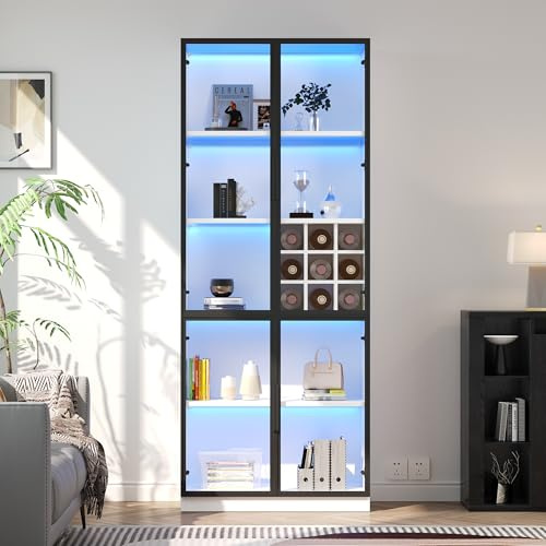 Vitrina de 80 x 35 x 200 cm, con puertas de cristal con LED, armario alto, librería, vitrina de pie, elegante aparador con puertas dobles, estante de cristal y soporte para vinos