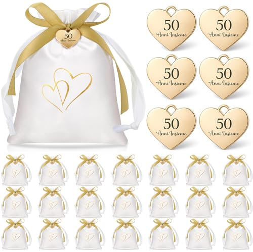 Otuuz 25 Set Bomboniere Matrimonio Sacchetti Bomboniere Sacchetti Regalo in Raso con Coulisse 50 Anni Insieme Ciondolo a Forma di Cuore in Oro e Nastro Regali per l'Anniversario Festa di Nozze