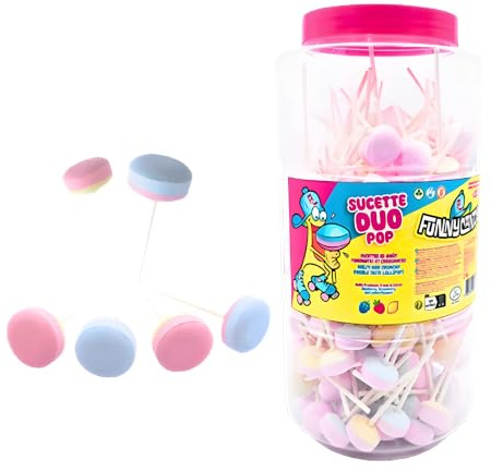 Funny Candy Duo Pop – Pot de 200 Sucettes Bi-Goût Fraise et Citron