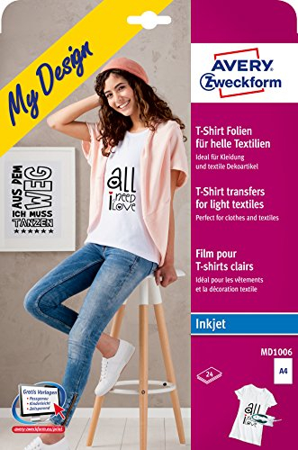 AVERY Zweckform MD1006 24 Textilfolien, T-Shirt selbst gestalten, T-Shirt bedrucken (Bügelfolie, helle Textilien, DIN A4, bedruckbare T-Shirt Folie zum Aufbügeln, Transferfolie für Inkjet-Drucker)