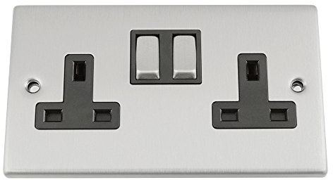 Double Plug Socket 2 Gang - Satin Chrome - Square - Black - Metal Rocker Switch - 13 Amp
