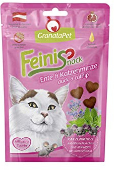 GranataPet FeiniSnack Anatra & Gatta Erba Gatta Deliziosa per Gatti Spuntino del Gatto Delizioso Gatto Senza Cereali e Additivi di Zucchero, Ricompensa per Gatti Giocosi Zampe di Velluto 50 g