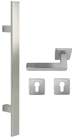 Edelstahl Haustür Beschlag- Flachgriff- Set auf quadratischen Rosetten 841S Länge: 800 mm