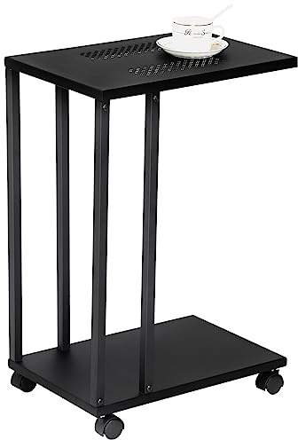 H JINHUI - Tavolino da salotto a forma di C, tavolino con ruote per piccoli spazi, tavolino con vassoio per cellulare e snack, utilizzabile a fianco al divano, struttura industriale in metallo(nero)