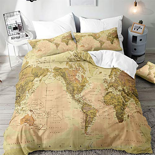 Morbuy Set di Biancheria da Letto di Mappa del Mondo Stampa, 3D Set Copripiumino Matrimoniale Singolo King in Microfibra con Federa e Copripiumini a Cerniera (Beige,220x260cm)