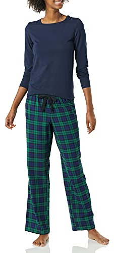 Amazon Essentials Conjunto de Dormir Ligero de Franela para Mujer y Camiseta de Manga Larga, a Cuadros Blackwatch, Talla L
