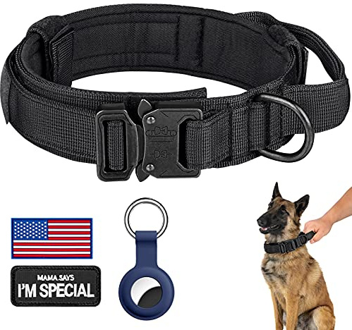 DAGANXI Tactical Dog Collar, Adjustable Military Training Nylon Dog Collar with Control Handle and Heavy Metal Buckle for Medium and Large Dogs, with Patches and Airtags Case (M, Black)