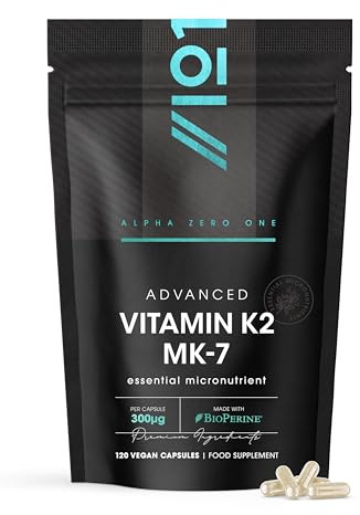 Vitamin K2 MK-7 300mcg - Fermented Natto Based Vegan Vitamin K – 120 Vegan Capsules – Supports Bone Health – Resealable and Recyclable Pouch by Alpha01