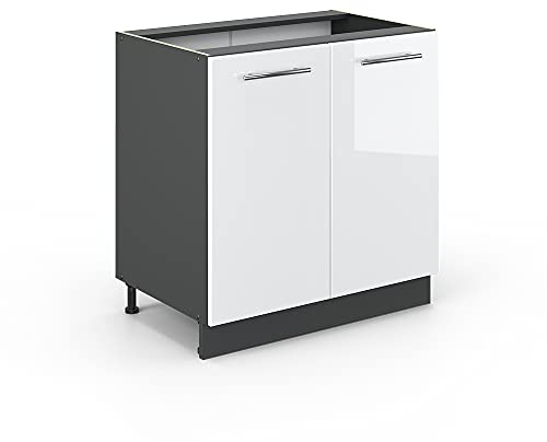 Vicco Spülenunterschrank Fame-Line, Weiß Hochglanz/Anthrazit, 80 cm mit Regal, ohne Arbeitsplatte