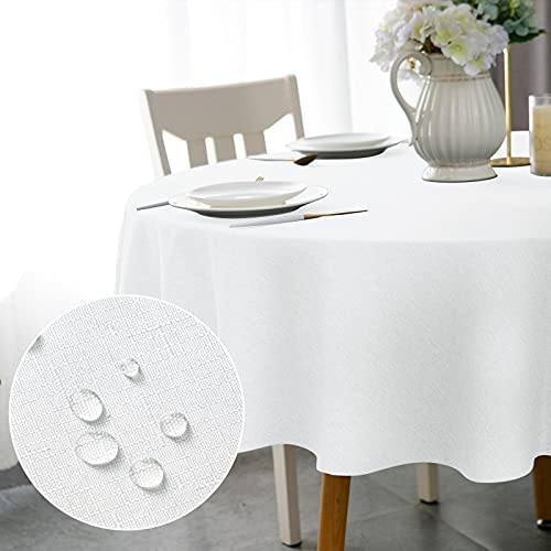 WELTRXE Round Table Cloth,180cm Diameter,Faux Linen Tablecloth,Water Resistant Spill Proof Wipeable Polyester Dining Table Cover for Cafe Restaurant Buffet Tabletop Decoration,White