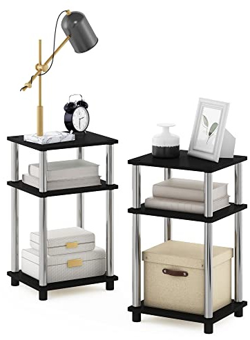 Furinno Just 3-stufiger Turn-N-Tube-Beistelltisch, 2er-Pack, Americano/Edelstahl