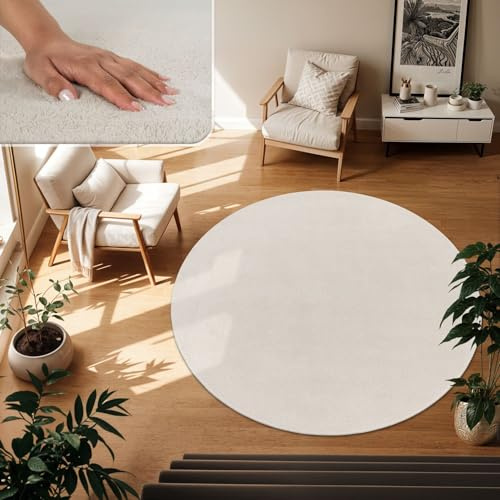 TT Home Wohnzimmer Teppich Kurzflor Anti-Rutsch Rückseite Unifarben Modern Waschbar, Farbe: Creme, Größe:160 cm Rund