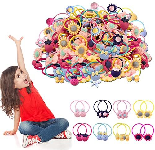 MUFEKUM 130 Stück Haargummis, Bunte Karikatur Elastische Haarbänder Accessoire, Haargummi in Bonbonfarben Pferdeschwanz für Kinder und Baby