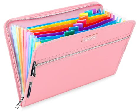 Fireproof Safe Accordion File Organizer Bag Folder,Waterproof Expanding Filing Folder with 14 Pockets, A4 Letter Size, Document Organizer Holder and Color Labels /2 Zipper (Pink 14.3 x 9.8)