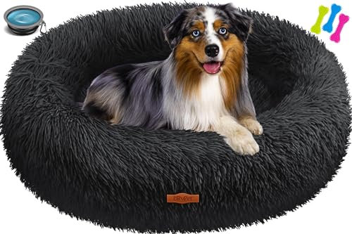 Lovpet® Hundebett Hundekissen Katzenbett Bagel, Waschbar, Inkl. Napf + 3X Kauknochen, Hundesofa flauschig Kissen Rund aus Plüsch für Kleine, Mittelgroße & Große Hunde, Katzen [XL, Ø 70cm Schwarz]