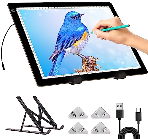 Leuchttisch A4 - Diamond Painting Leuchtplatte din A4 with Zusammenklappbarer Ständer, stufenlos dimmbare 3 Stufen Helligkeit Leuchtkasten Ultra-Thin LED Light Pad für Tracing Sketching Black