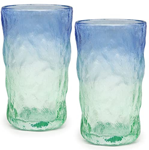 TOSSOW Drinking Glasses, Glacier Glasses Mug Glasses Set of 2 Water Glasses 350ML Glacier Pattern Glass Cups for Wine, Beer, Juice, Mojito and Cocktail (Blue Green)