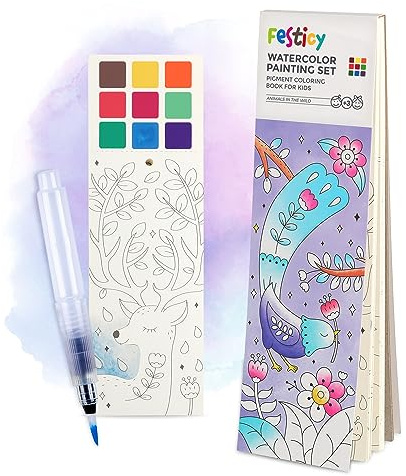 Festicy Livre de coloriage aquarelle avec pinceau à réservoir d'eau I 25 pages pour les enfants en déplacement I Parfait pour l'occupation des enfants I Jeux pour les longs trajets en voiture I Les