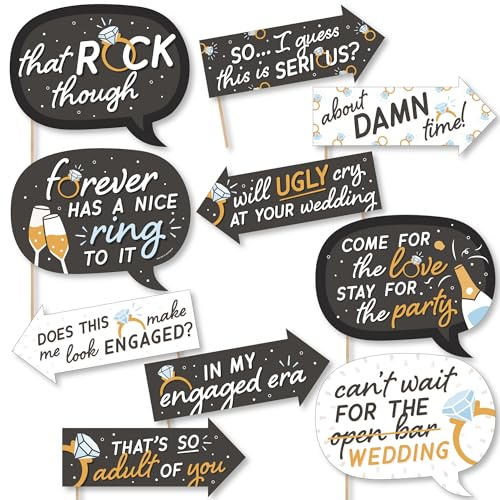 Photo Booth Props Kit for Engagement Party - 10-Piece Speech Bubble and Arrow Set, Premium Cardstock Photo Props with Assembly Sticks - Black