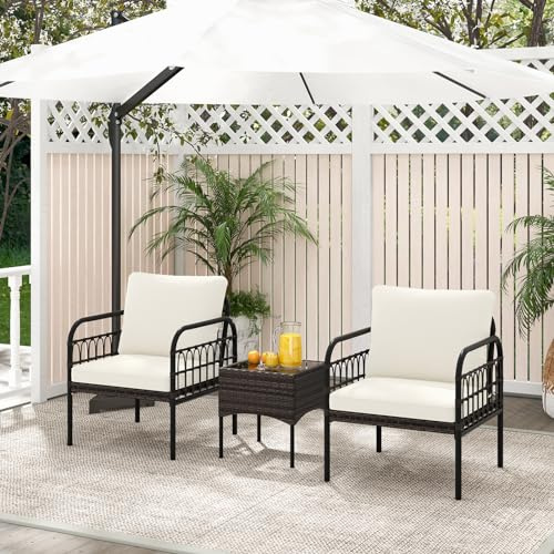 GIANTEX Mobilier de jardin en rotin - Petit balcon - Meubles de salon d'extérieur pour 2 personnes - Salon de jardin avec 2 fauteuils et table - Ensemble de 3 pièces - Ensemble de meubles de jardin