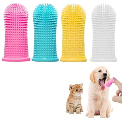 QEQSHQO 4 pièces Brosse à dents pour chiens, 360° Poils en silicone, Conception ergonomique, Facile à utiliser, Soins dentaires pour chiens