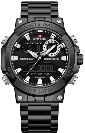 NAVIFORCE Orologio analogico al quarzo digitale da uomo, di lusso, in acciaio inox, impermeabile, alla moda, cronografo, militare, multifunzionale, Nero e bianco