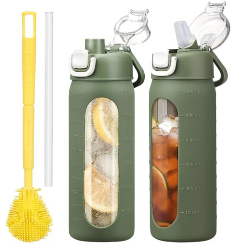 HYDRAGLAZIC 600ml Gourde en Verre,Avec 2 Couvercle Bouteille d'eau Motivation Graduée Pour 1 Journee Avec Marqueur de Temps Housse en Silicone, Sport Gourde Reutilisable, Olivier
