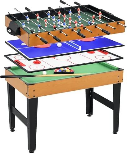 HOMCOM 4 in 1 Tavolo da Gioco Multifunzionale con Biliardo, Ping Pong, Calcio Balilla e Hockey da Tavolo, Tavolo Multigioco con Accessori, in MDF e Acciaio, 107x61x84.5cm