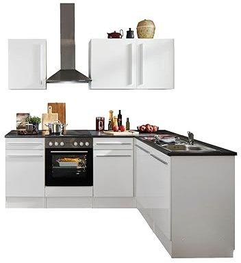 Jazz 8 Moderne Eckküche mit Elektrogeräten in Weiß Hochglanz, Metallic Grau - Geräumige Küchenzeile in L-Form mit viel Stauraum - 220 x 211 x 60 cm (B/H/T)