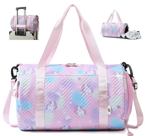 Sporttasche Damen,25L Schwimmtasche,mit Schuhfach Nassfach,Sporttasche Mädchen,Wasserdicht Trainingstasche,Einhorn Yogatasche,Handgepäck Tasche,Gym Bag,für Reisen,Fitness,Sport (Rosa)