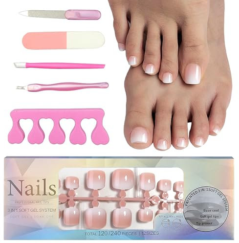HABNI 120 Pièces Faux Ongles Pieds À Couverture Complète French Capsule Ongle Pied Pour Manucure, 12 Tailles
