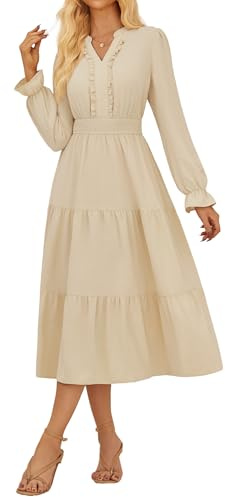 GRACE KARIN Vestido de ocio para mujer, cuello en V, volantes, cintura elástica, vestido midi, albaricoque, M