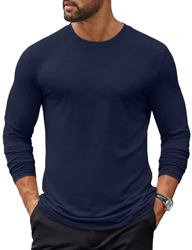COOFANDY Maglietta Uomo Manica Lunga Magliette da Lavoro T Shirt Casual Tshirt Basic Magliette Tinta Unita Blu Navy XXL