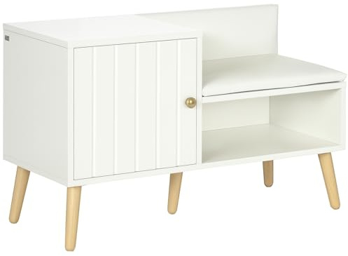 HOMCOM Banc de Rangement Banc à Chaussures Style Art avec Placard Niche Banquette Assise Dossier en polyuréthane Bois de pin 80 x 33 x 49 cm Blanc