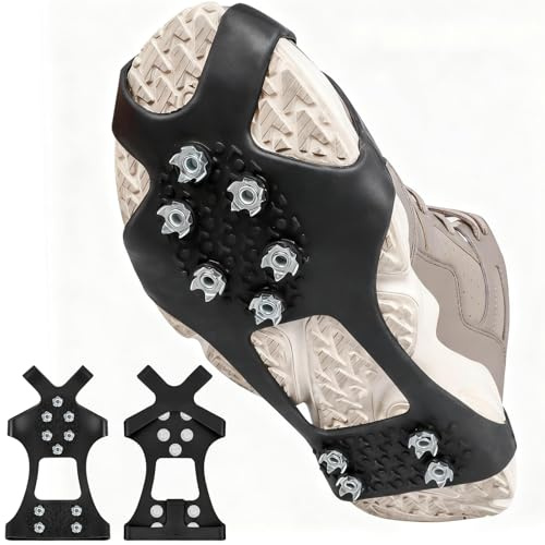 Ice Cleats for Shoes - 10 Stud Stainless Steel Spikes Anti Slip Crampons, Stretch Fit Snow Grips Traction Cleats for Hiking, Ice Fishing, Walking