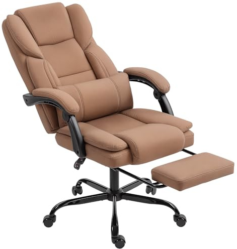 HOMCOM Sedia Ufficio Ergonomica Reclinabile 140° con Poggiapiedi e Cuscino, Sedia Scrivania in Finta Pelle Antigraffio, Facile da Pulire, Braccioli Imbottiti, Girevole e Altezza Regolabile, Marrone