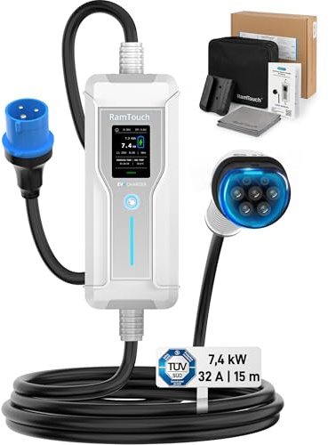 RamTouch Mobil Elbilsladdare (7,4 kW, 6–32 A, 15 m, 1‑fas, IP67) | Blå CEE 32A till Typ 2 | Mode 2-Laddkabel med Display, Timer & Fördröjd Start, RCD AC/DC, EV-Laddbox för Elbilar och Laddhybrider