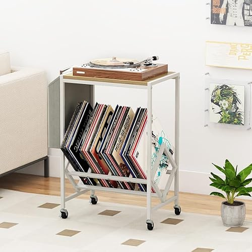 GIANTEX Meuble Vinyle à roulettes avec Poche Latérale, Meuble Vinyle Rangement pour 200 Albums CDs, Cadre en Métal, Support pour Tourne-Disques pour Salon, Salle de Musique (Naturel)