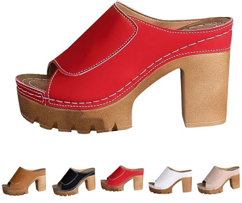 Zoccoli da donna in legno con tacco – Peep Toe Sandali con zeppa, antiscivolo, senza schiena, con plateau ortopedici, traspiranti, eleganti scarpe estive, Colore: rosso, 35 EU