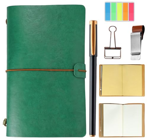 SIMDAO Juego de diario de cuero, diario de viaje para hombres y mujeres, cuaderno de viajeros con inserciones de papel kraft en blanco, clip para bolígrafo, bolsa multifunción, regalos para hombres y