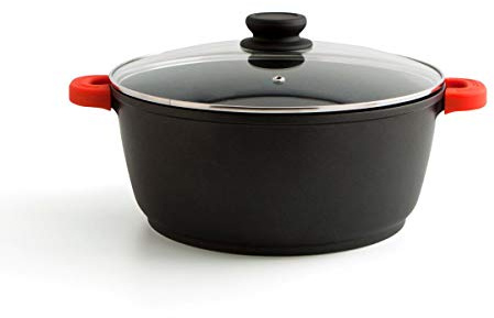 Quid Intense - Cacerola de aluminio fundido, asas de silicona, tapa de vidrio, Color Negro Y Rojo, 24 x 11 cm, 4.2 litros