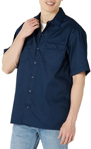 Amazon Essentials Camicia da Lavoro a Maniche Corte Antimacchia e Antipiega Uomo, Blu Marino, M