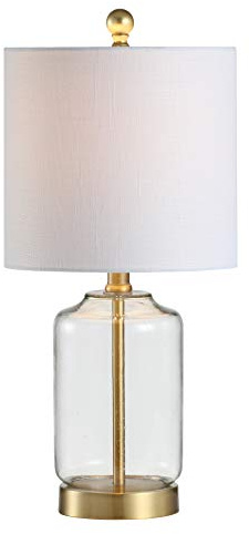 JONATHAN Y 19.5 Brass Gold and Clear Glass Table Lamp, Glam Transitional Bedside Lamp for Living Room Nightstand, White Linen Drum Shade, LED Bulb Included JYL1033A