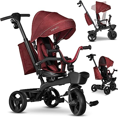 Lionelo Kori Dreirad mit Schubstange für Kinder ab 1,5 bis 5 Jahre, drehbarer Sitz, Magnesium-Rahmen, wartungsfreie Gummiräder, freies Rad, abnehmbares Vordach, Burgund
