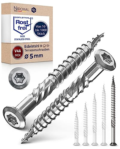 NietFullThings Stainless Steel V4A 5x80 Torx Wood Screws, 25 Pieces, 5 mm x 80 mm, 7.95 mm Head, Partially Threaded, 800 N/mm² Tensile Strength, 25 Count