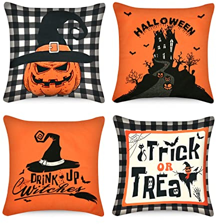 4 Pieces Halloween Pillow Case Halloween Decorations Cushion Covers Pumpkin Castle Witch Hat and Trick or Treat Cotton Linen Throw Cushion Covers for Sofa Bed Cushion Cover Decoration