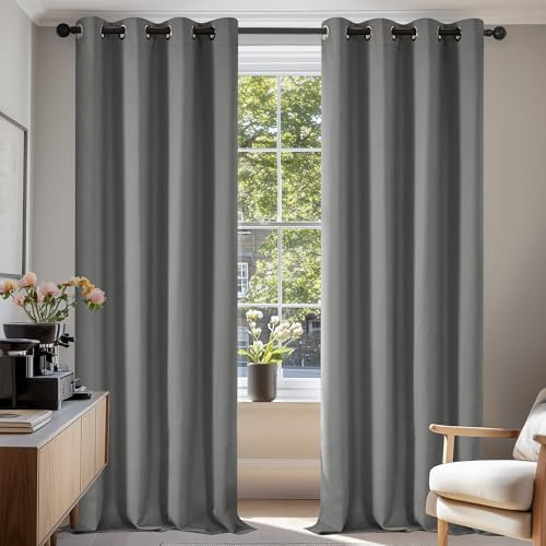 Deconovo Blackout Curtains Eyelet, Energy Saving Thermal Insulated Curtains, Noise Redudcing Bedroom Curtains for Living Room, 55 x 118 Inch, Light Grey, 2 Panels