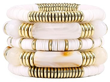 White Bamboo Tube Bangles Bracelet Chunky Curved Stacking Clear Acrylic Colorful Beads Stretchable Friendship Gold Bracelets Gifts For Bestfriends, Couple, Family Members, Siblings, Sister, Lover