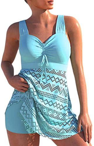 Tankini Maillot de Bain Femme 2 Pieces Taille Haute Découpé Evidé Maillots Push Up Rembourré Tankini Ensembles Grande Taille Débardeur et Short Vetement Plage Femme (Bleu Clair, 3XL)